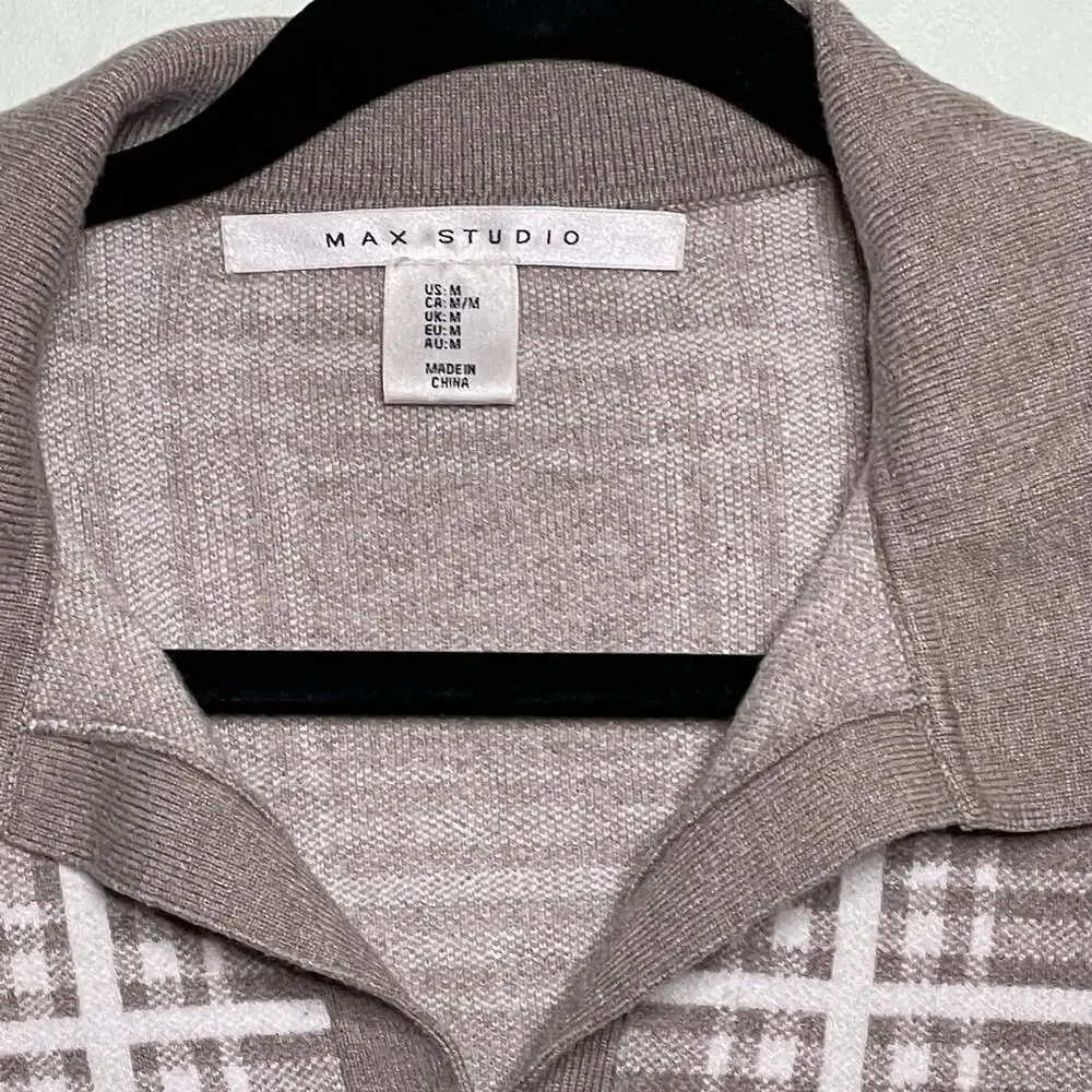Max Studio Plaid Sweater Knitted Collared Pullover Long Sleeve Brown White M‎